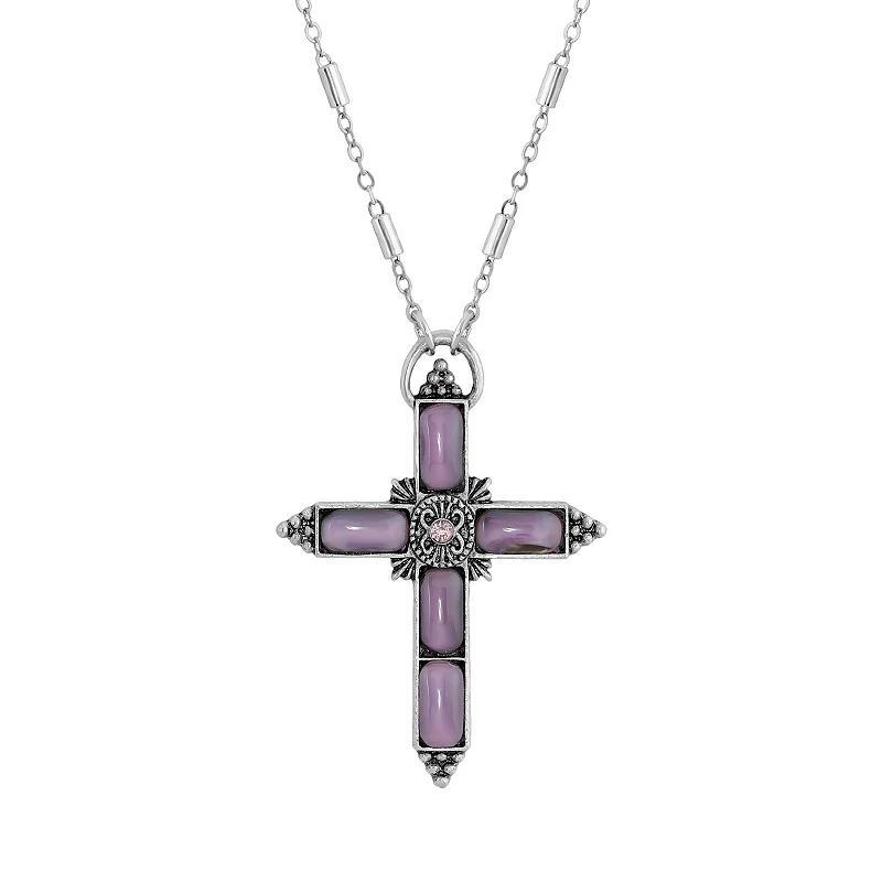 Symbols of Faith Silver-Tone Purple Moonstone Purple Crystal Cross 20 Necklace Product Image