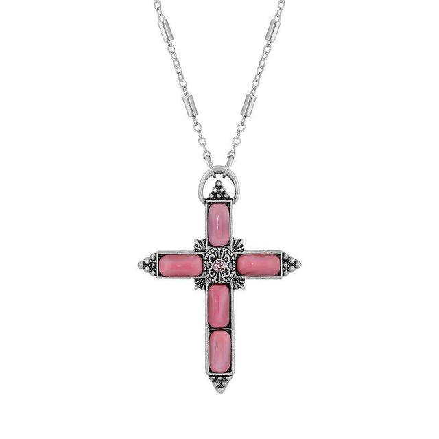 1928 Silver Tone Pink Moonstone Cross Necklace, Womens Product Image