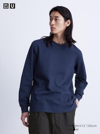 Airism Cotton Crew Neck T-Shirt Long-Sleeve Navy XL UNIQLO US Product Image