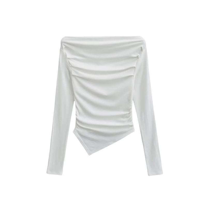 Long Sleeve Off Shoulder Plain Ruched Asymmetrical Top Product Image