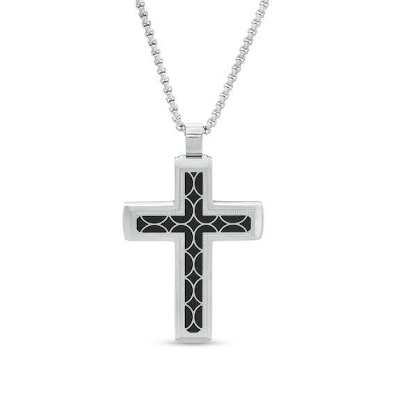 Men's Geometric Pattern Inlay Stepped Edge Cross Pendant in Stainless Steel and Black Resin - 24" Product Image