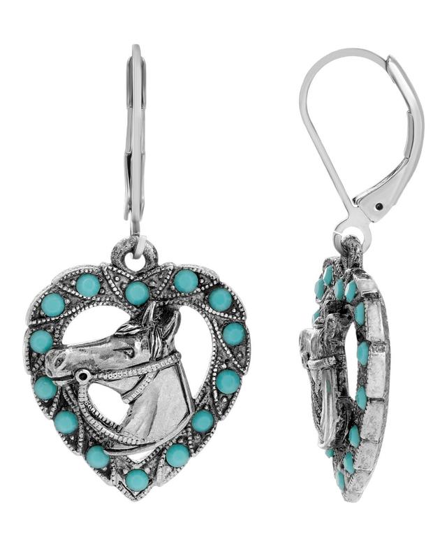 1928 Pewter Tone Turquoise Crystal Horse Head Heart Drop Earrings, Womens, Blue Product Image