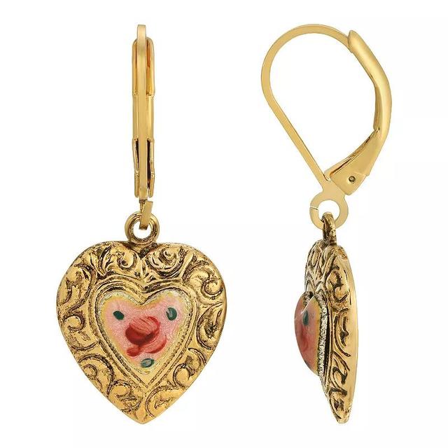 1928 Gold Tone Pink Enamel Heart Drop Earrings, Womens Product Image