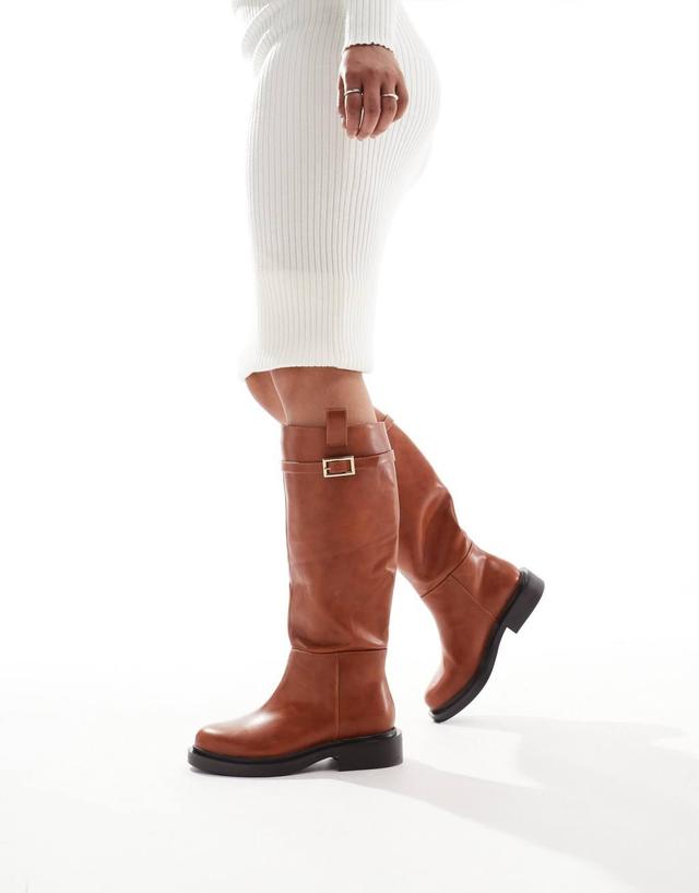 ASOS DESIGN Wide Fit Callie smart flat riding knee boots in tan Product Image