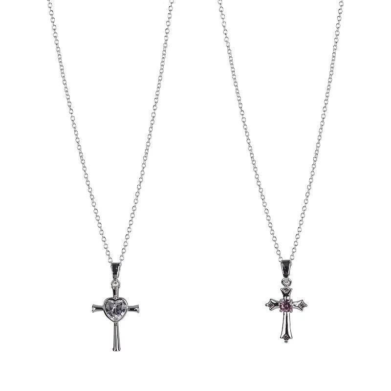 FAO Schwarz Fine Silver Plated Cubic Zirconia Cross Pendant Necklace Set, Womens, Silver Tone Pink Product Image