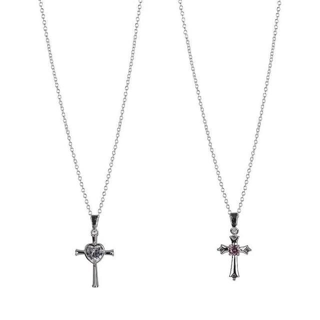 FAO Schwarz Fine Silver Plated Cubic Zirconia Cross Pendant Necklace Set, Womens, Silver Tone Pink Product Image