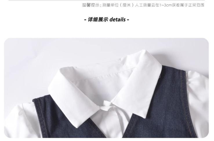 Long Sleeve Collared Plain Shirt / V-Neck Washed Button Midi A-Line Denim Pinafore Dress / Set Product Image