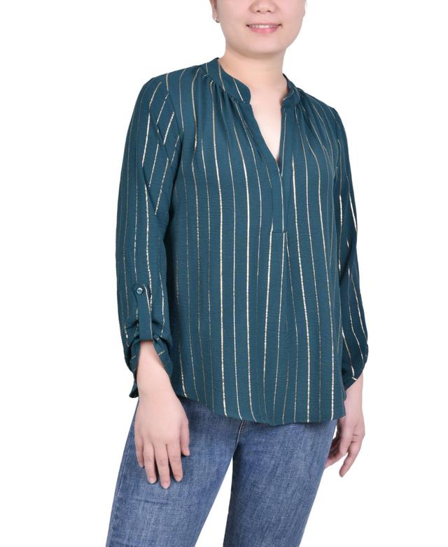 Ny Collection Petite Long Sleeve Foil Striped Blouse Product Image