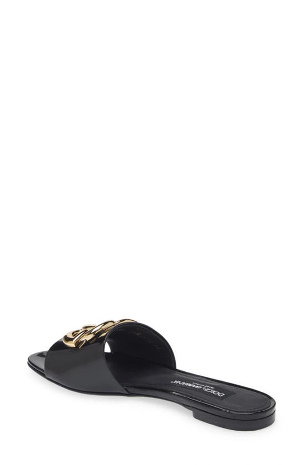 DOLCE & GABBANA Polished Calfskin Sliders With Dg Logo In Black Product Image