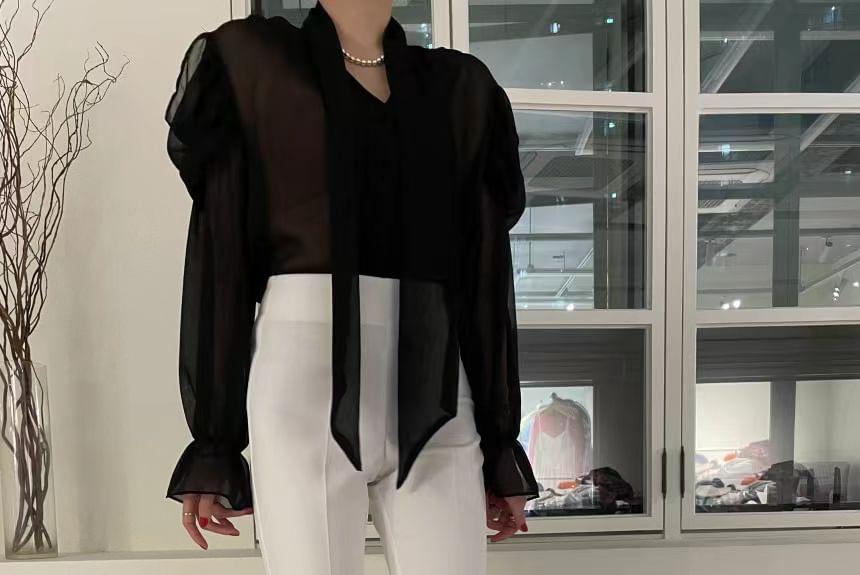 Long-Sleeve V-Neck Button-Up Plain Blouse Product Image