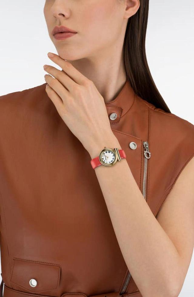 Women's Swiss Gancini Red Leather Strap Watch 38mm In Ip Yellow Gold Product Image