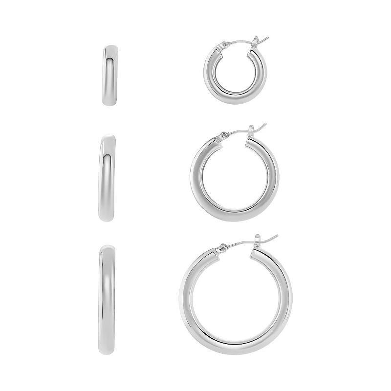 Emberly Polished Tube Hoop Earrings Trio Set, Womens, Silver Tone Product Image