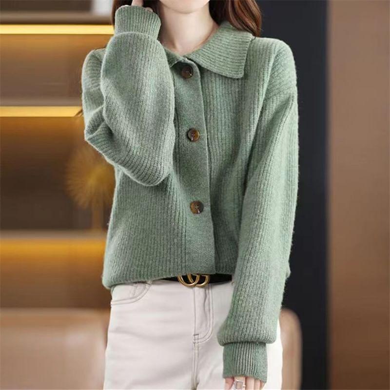 Lapel Collared Plain Button Up Cardigan Product Image