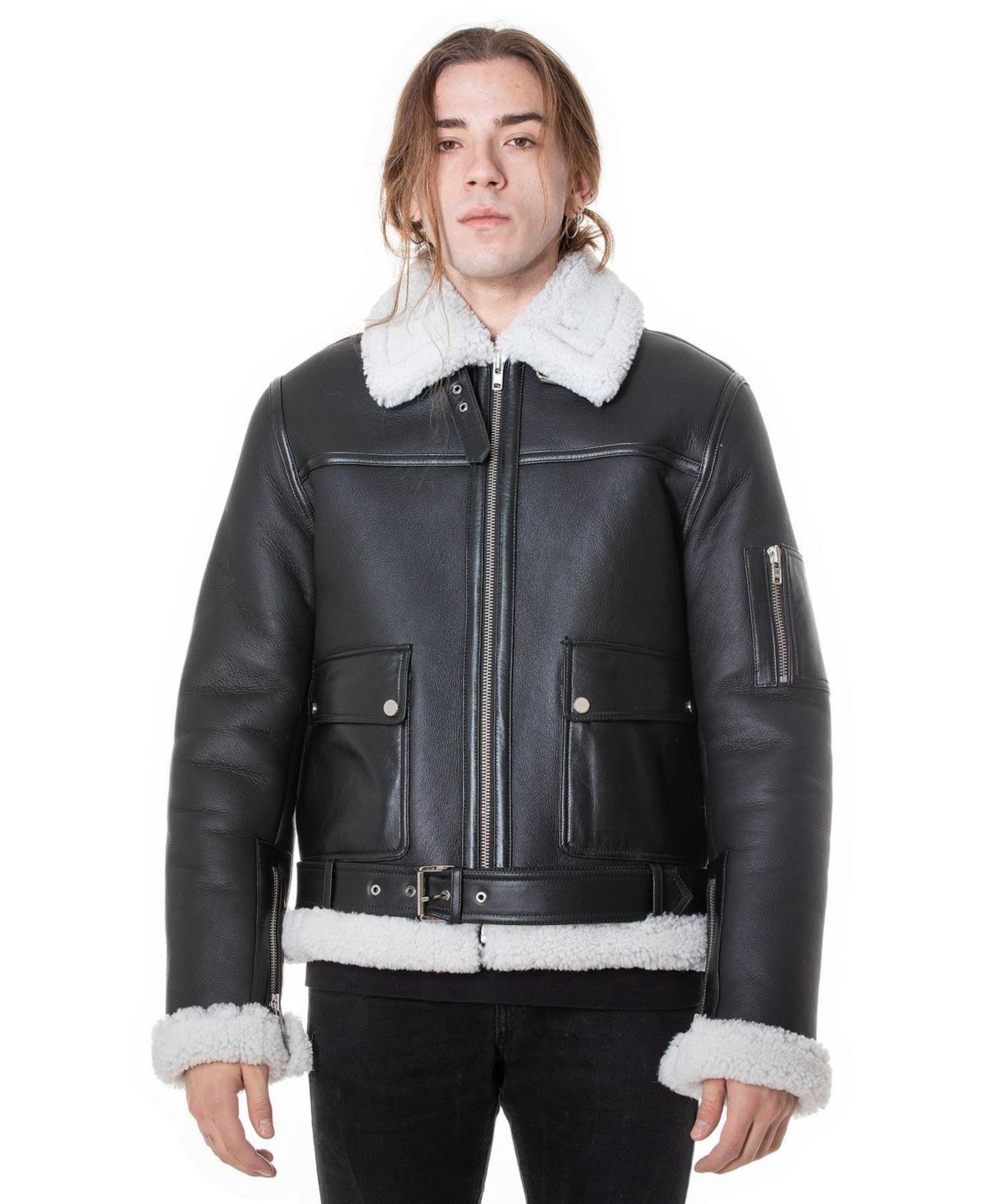 Furniq Uk Mens Shearling Belted Pilot Jacket, Silky Black with White Curly Wool Product Image