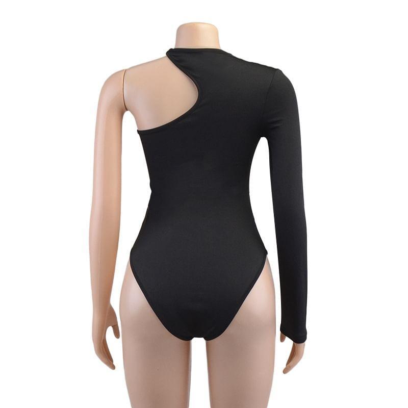 Long-Sleeve Cutout Asymmetrical Plain Bodysuit Top Product Image