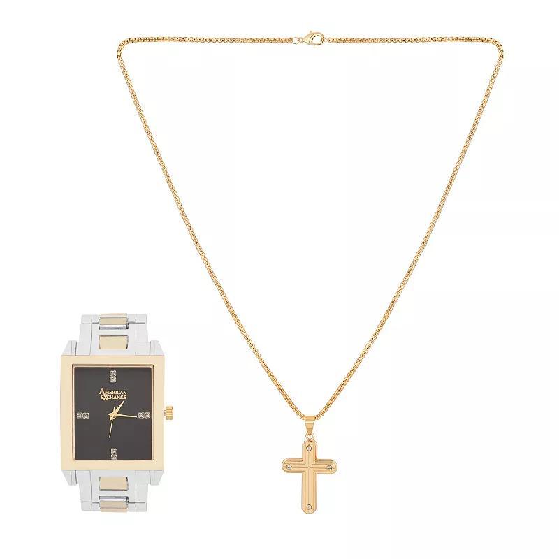 American Exchange Mens Two Tone Metal Alloy & Cross Pendant Necklace Set Gold Silver Product Image