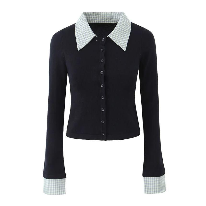 Mock Two-Piece Long-Sleeve Stripe Collar Button-Up Cardigan Product Image