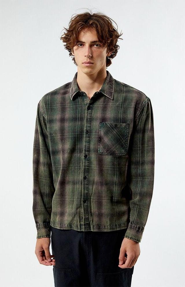 Men's Black & Green Washed Cropped Flannel Shirt in Black/Green - Product Image