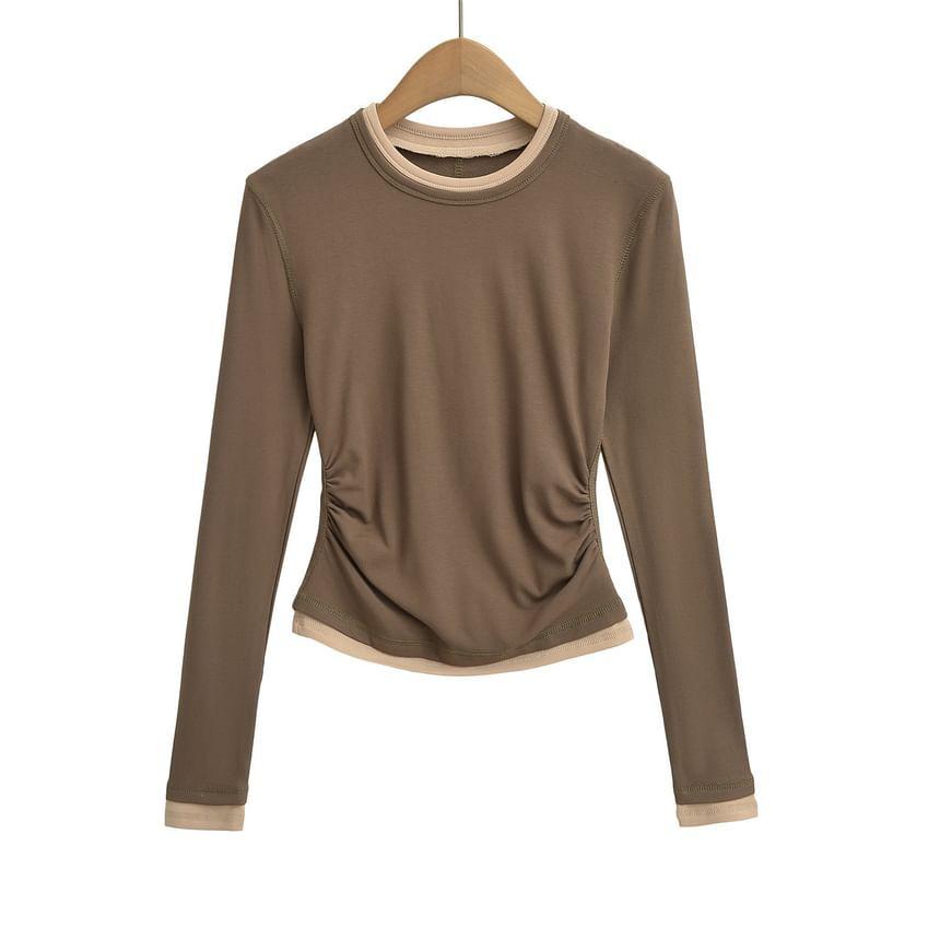 Long-Sleeve Crew Neck Mock Two-Piece Contrast Trim Ruched Crop Tee Product Image