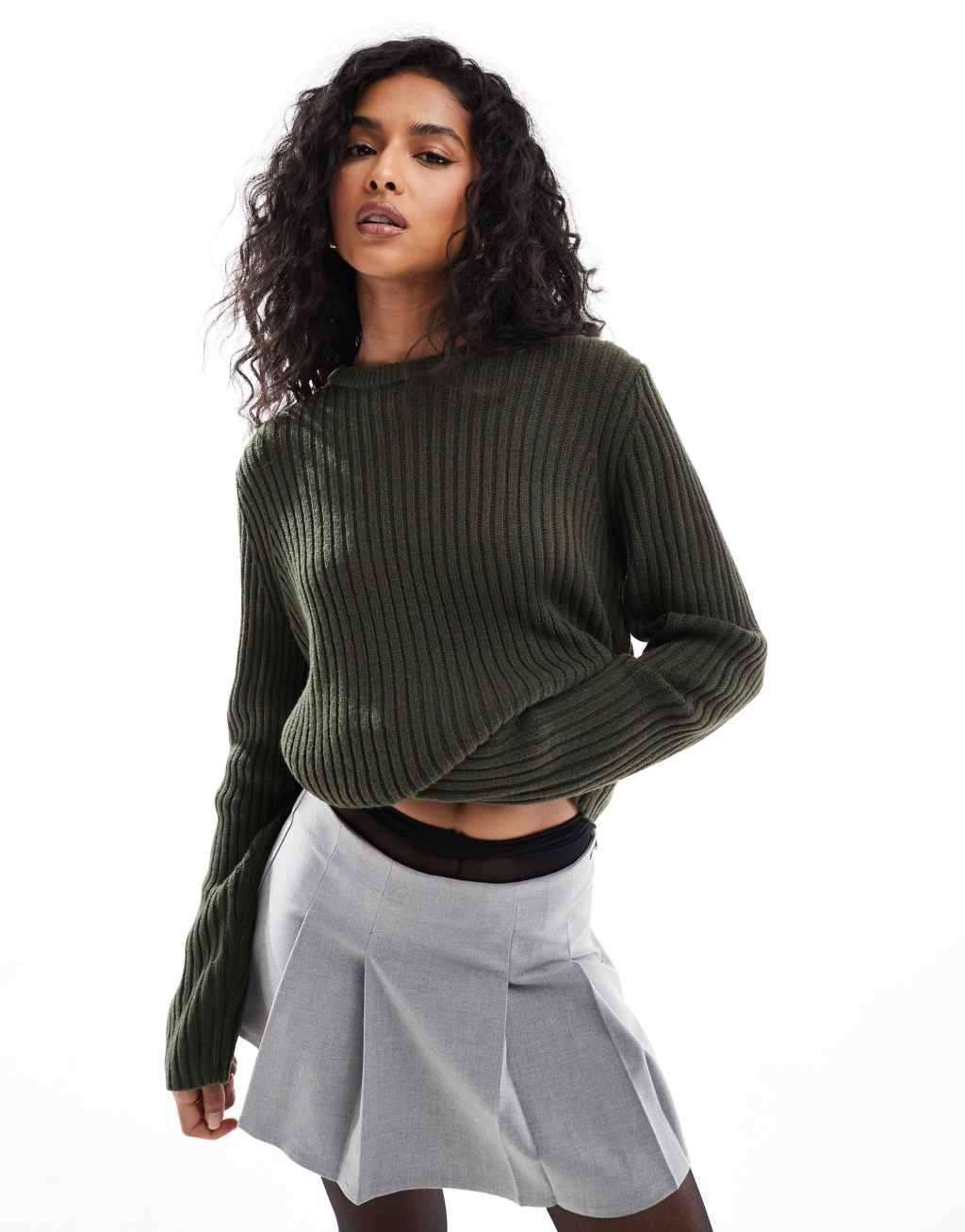 ASOS DESIGN crew neck sweater in rib in khaki Product Image