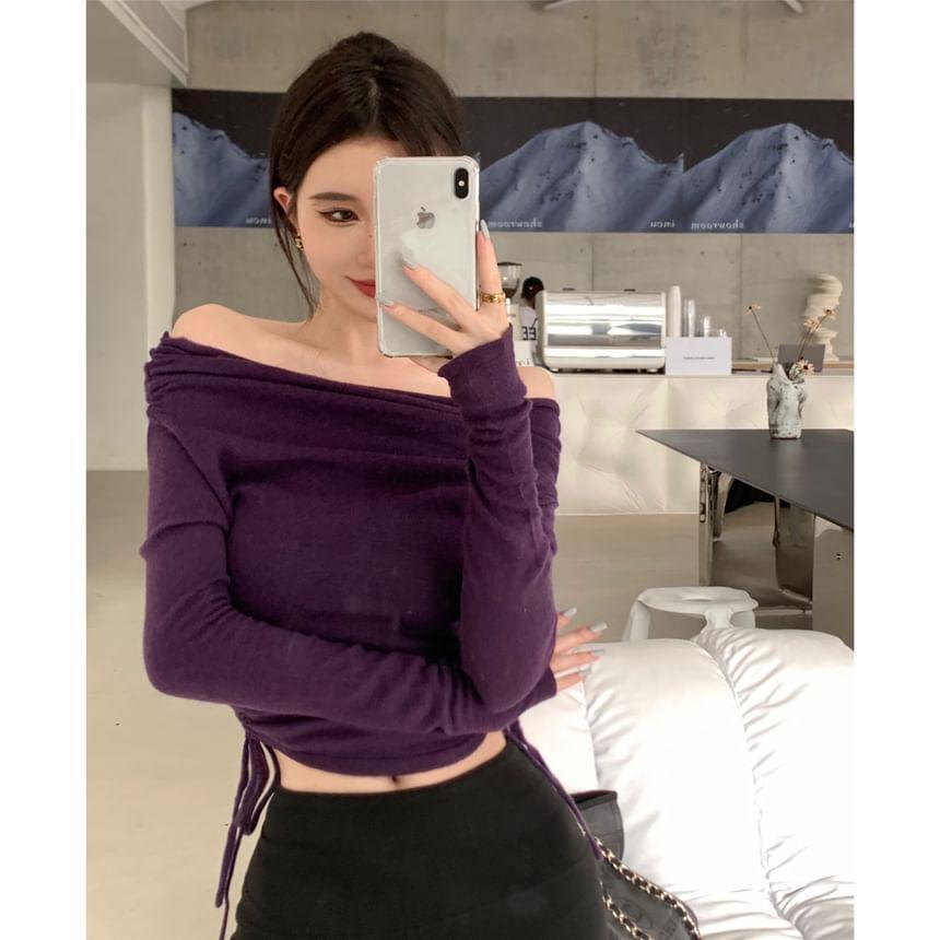 Long-Sleeve Off-Shoulder Plain Drawstring Asymmetrical Knit Crop Top Product Image