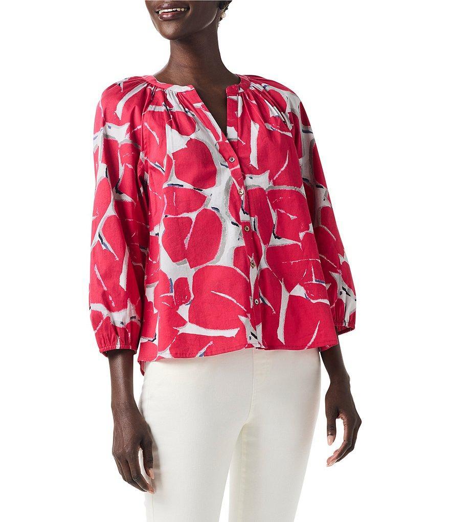 NIC + ZOE Woven Bold Petal Print Split V-Neck Bracelet Sleeve Blouse Product Image