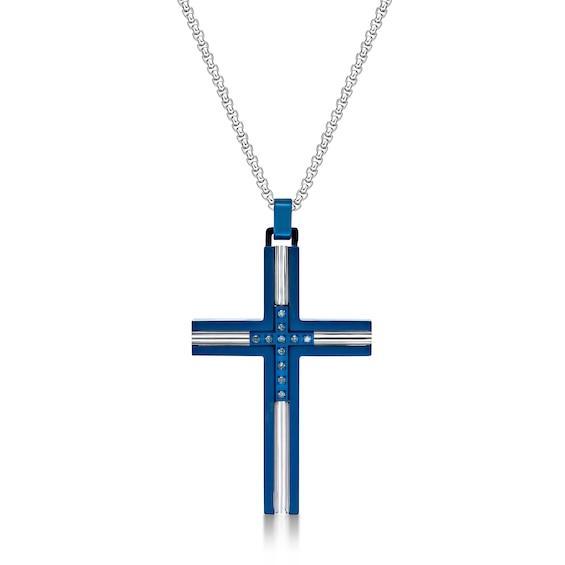 Men's 1/15 CT. T.w. Blue Diamond Inlay Channel Cross Pendant in Stainless Steel and Blue IP - 24" Product Image