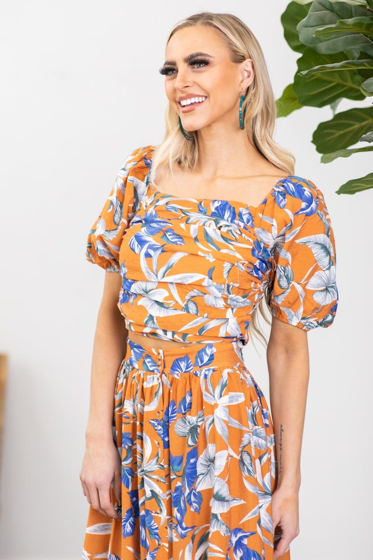 Orange and Cobalt Floral Square Neck Top Product Image