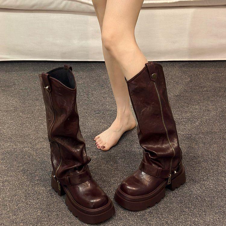 Platform Panel Zip Knee High Boots Product Image