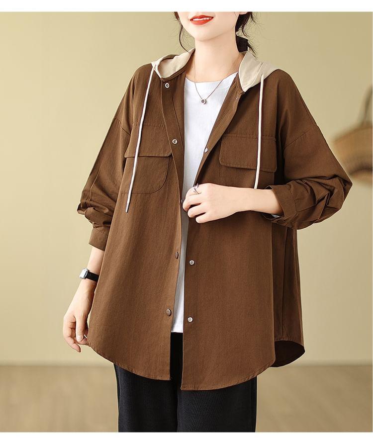 Two Tone Hooded Button-Up Jacket Product Image