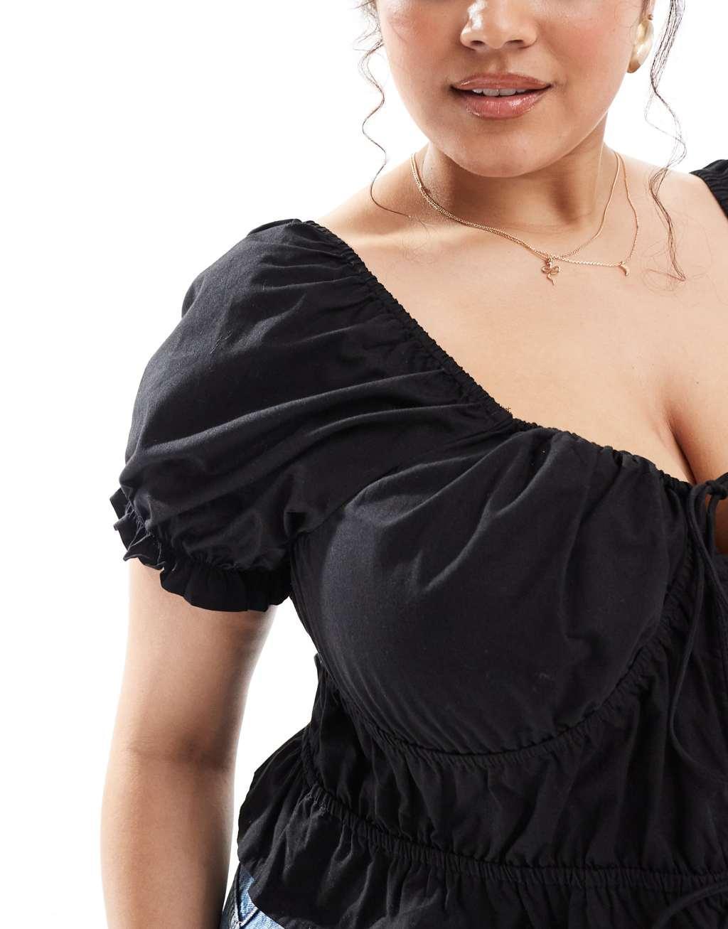 ASOS DESIGN Curve tie front milkmaid top with puff sleeves in black Product Image