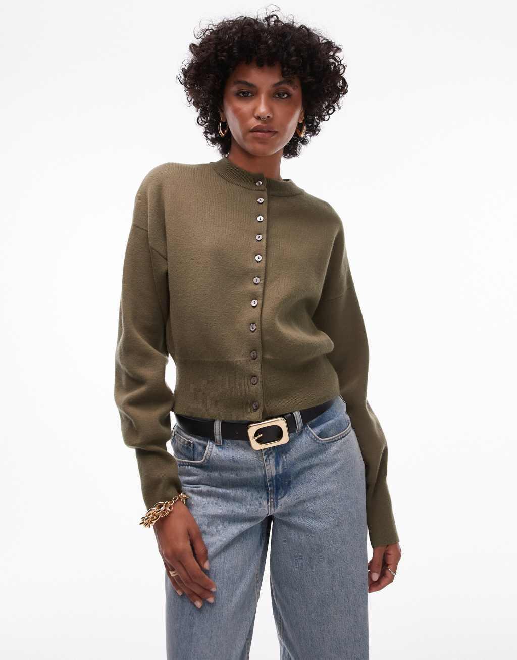 Topshop knit compact fitted waist cardigan in olive Product Image