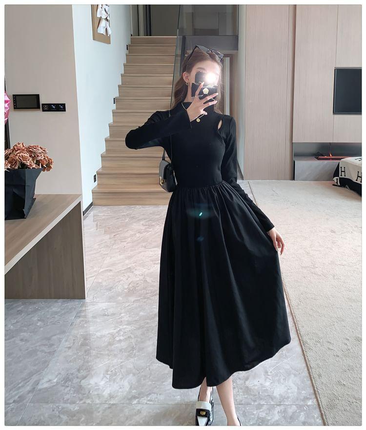 Long Sleeve Mock Neck Plain Gathered Panel Midi A-Line Dress Product Image