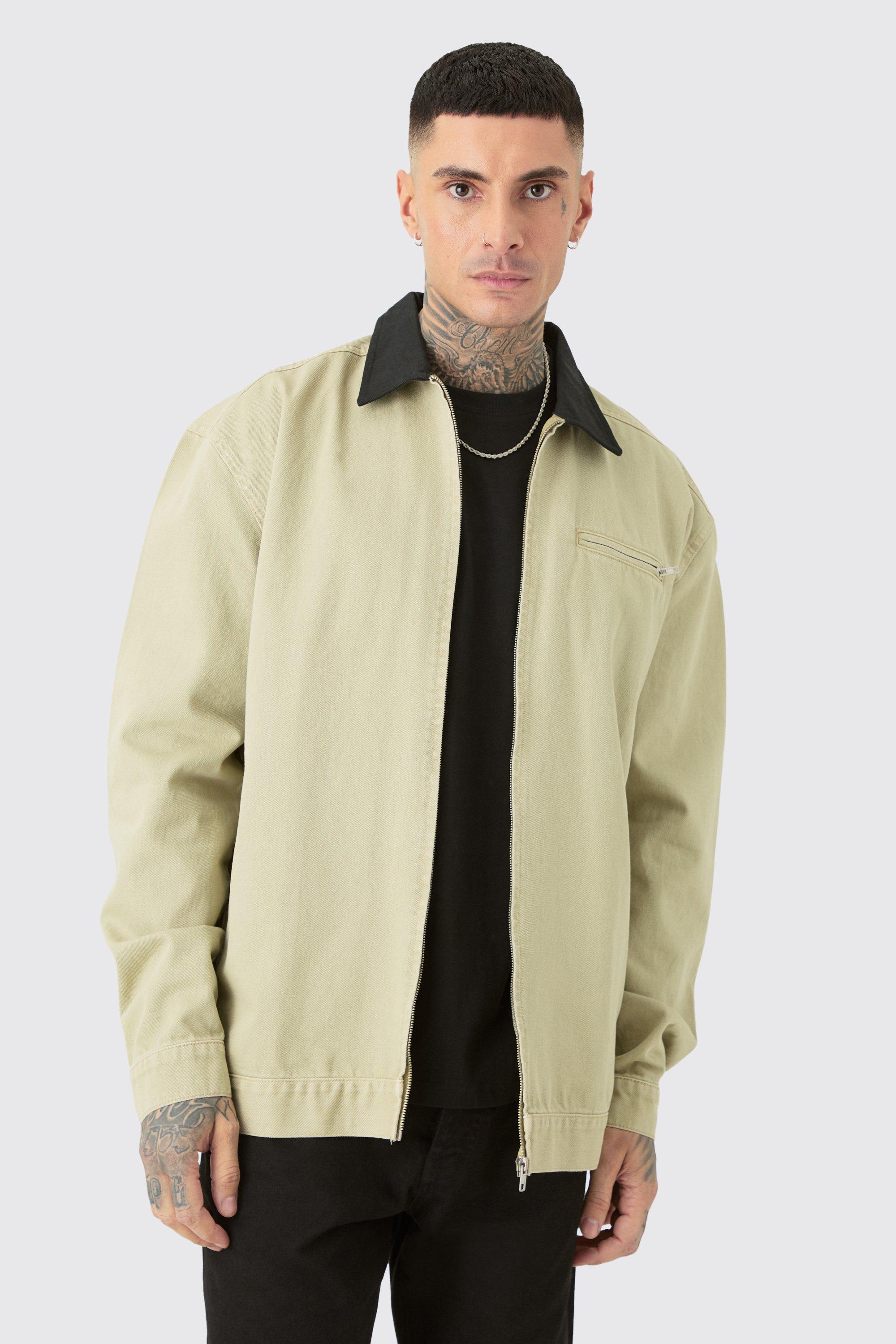 Mens Green Tall Overdyed Contrast Collar Denim Harrington, Green Product Image