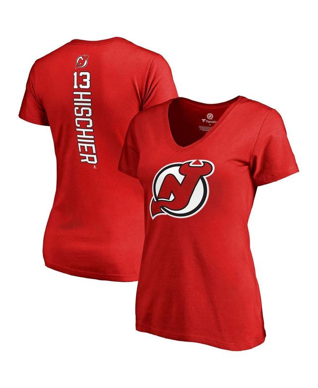 Womens Fanatics Branded Nico Hischier Red New Jersey Devils Plus Size Backer Name & Number V-Neck T-Shirt Product Image