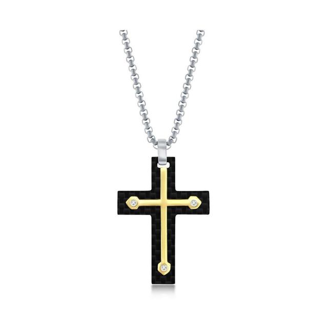 Mens Stainless Steel Black Carbon Fiber Cross Necklace - Gold Product Image