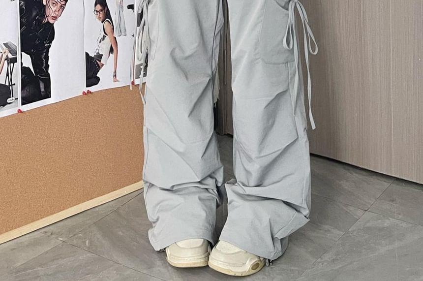 Drawstring Mid Rise Plain Baggy Cargo Pants Product Image