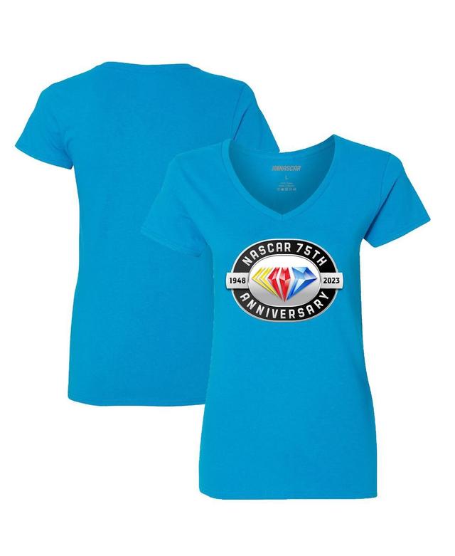 Womens Checkered Flag Sports Light Blue Nascar 75th Anniversary V-Neck T-shirt Product Image