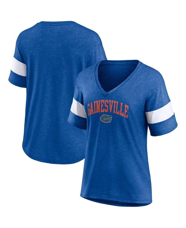 Womens Fanatics Heathered Royal Florida Gators Arched City Sleeve-Striped Tri-Blend V-Neck T-shirt Product Image