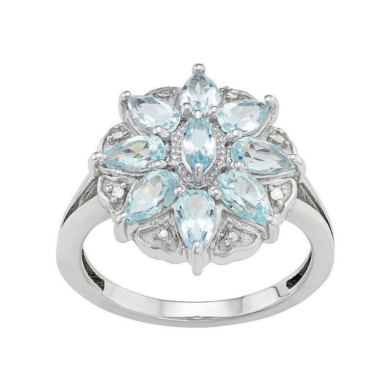 Jewelexcess Sterling Silver Aquamarine & Diamond Accent Flower Ring, Womens White Product Image