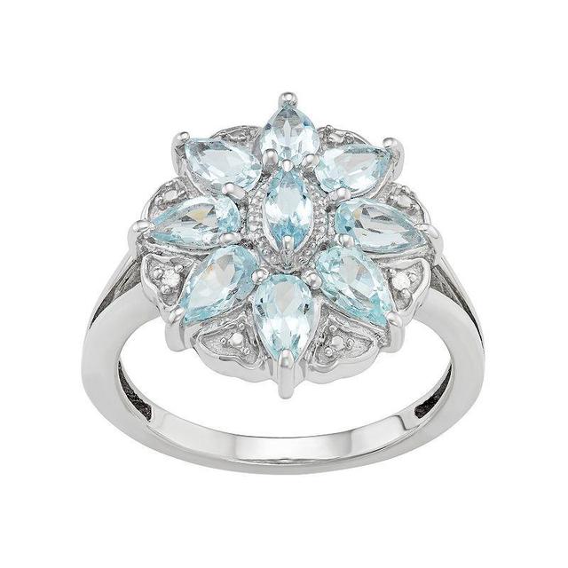 Jewelexcess Sterling Silver Aquamarine & Diamond Accent Flower Ring, Womens White Product Image