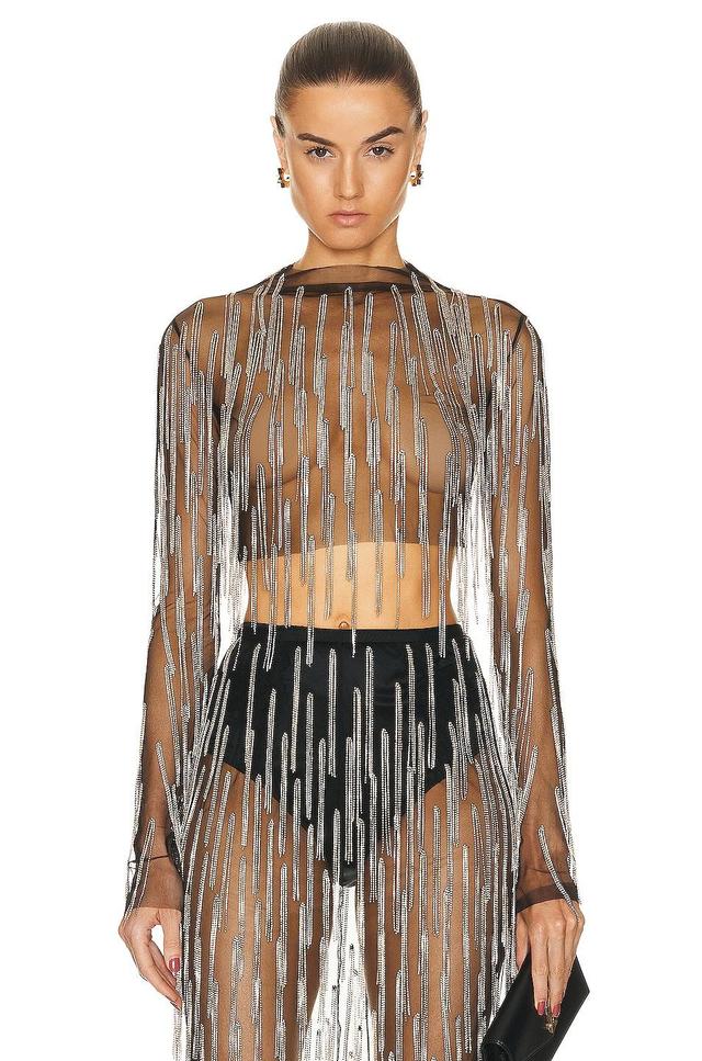 Lapointe Mesh Diamond Fringe Long Sleeve Mock Top Black. (also in ). Product Image