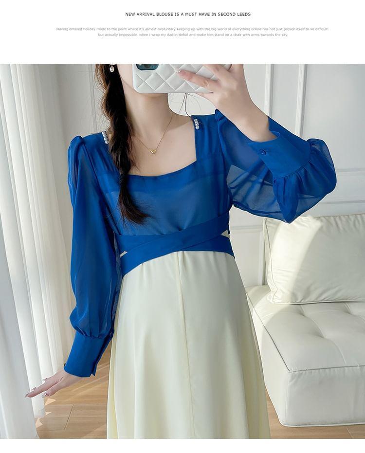 Maternity Mock Two-Piece Puff-Sleeve Two-Tone Midi A-Line Dress Product Image