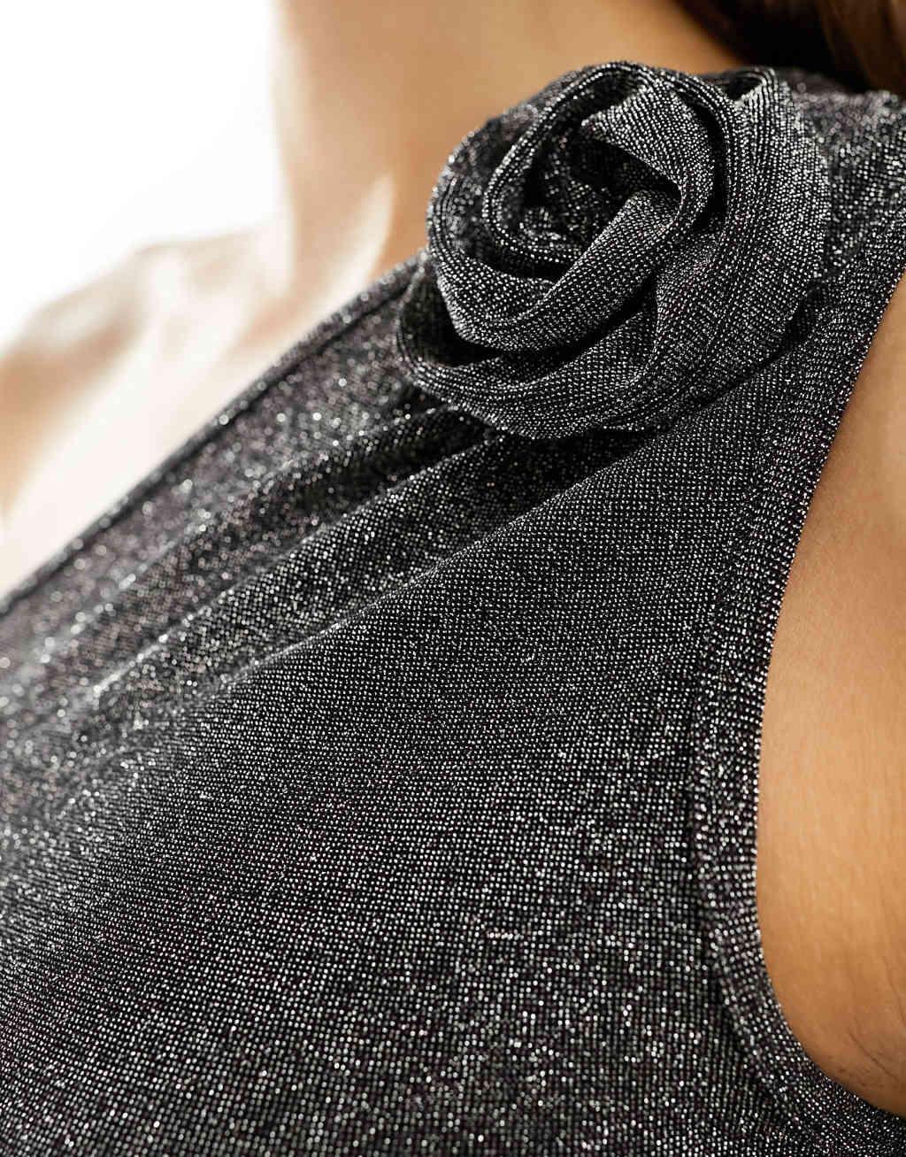 Motel metallic one shoulder corsage detail top in silver Product Image