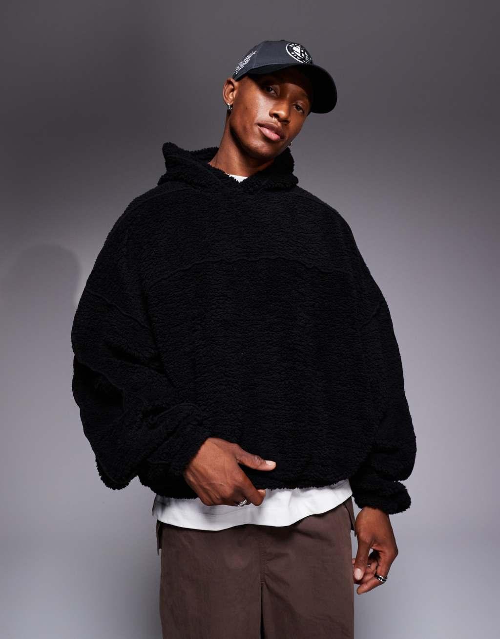 ASOS DESIGN extreme oversized borg hoodie with seam detail in black Product Image