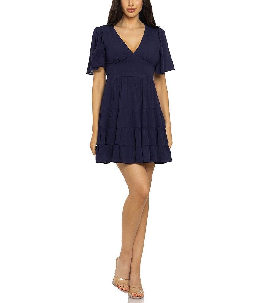 B. Darlin Short Flutter Sleeve V-Neck Tiered Dress Product Image