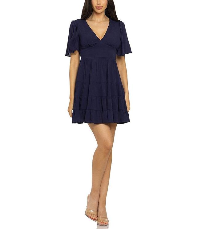 B. Darlin Short Flutter Sleeve V-Neck Tiered Dress Product Image