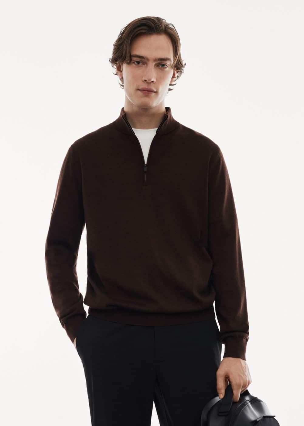 MANGO MAN - 100% merino wool sweater with zipper collar chocolateMen Product Image