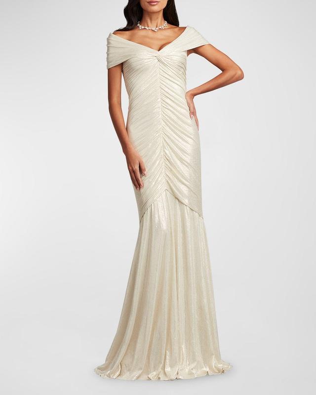 Ruched Off-Shoulder Shimmer Jersey Gown Product Image