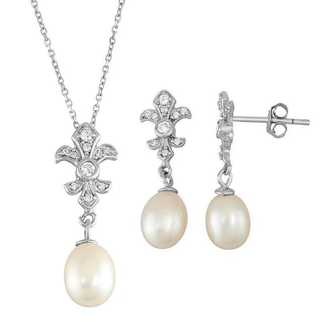 Sterling Silver Freshwater Cultured Pearl Fleur-de-Lis Pendant & Drop Earring Set, Womens White Product Image